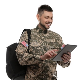 Cadet with backpack and tablet isolated on white. Military education