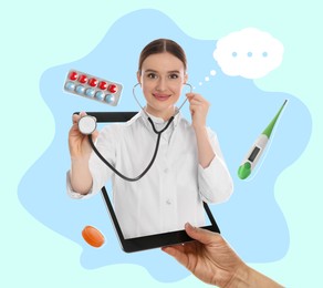 Online medicine. Closeup view of woman having appointment with doctor via tablet on color background