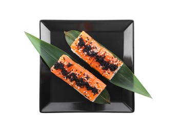 Delicious sushi rolls on white background, top view