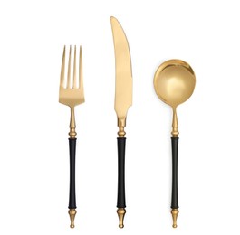 Image of Stylish golden cutlery set on white background, top view