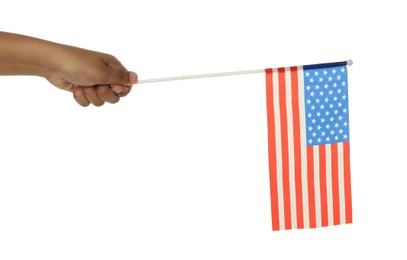 African-American child holding national flag on white background, closeup