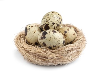 Nest with quail eggs isolated on white