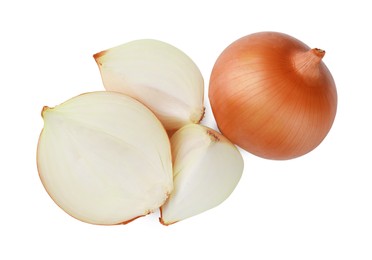 Photo of Whole and cut onions on white background, top view