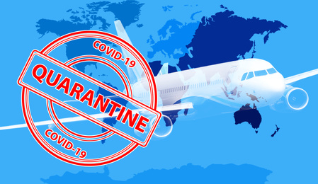 Image of Closure of air traffic during coronavirus outbreak. Double exposure of airplane and world map, stamp with inscription QUARANTINE