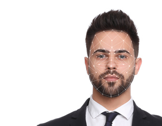 Facial recognition system. Young man with biometric identification scanning grid on white background