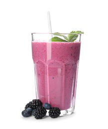 Tasty fresh milk shake with berries on white background