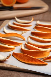 Photo of Many dry orange peels on wooden table