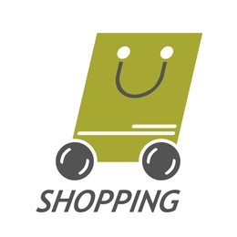 Illustration of Bag on wheels. Illustration near word Shopping on white background. Delivery service