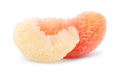 Photo of Pieces of fresh juicy pomelo on white background