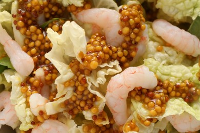 Photo of Delicious salad with Chinese cabbage, shrimps and mustard seed dressing as background, closeup