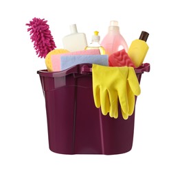 Purple plastic bucket with cleaning supplies and tools isolated on white