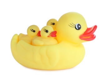 Cute rubber toy ducks isolated on white