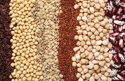 Various raw veggie seeds as background, top view