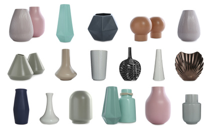 Set of beautiful ceramic vases on white background 