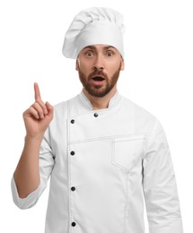 Photo of Mature male chef showing idea gesture on white background