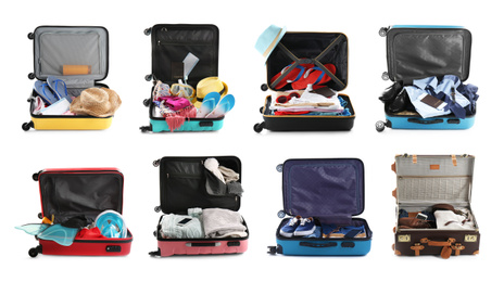 Set of different suitcases packed for travelling on white background. Banner design