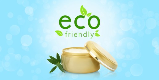 Organic eco friendly cosmetic product on light blue background, banner design