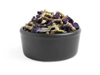 Organic blue Anchan in bowl on white background. Herbal tea