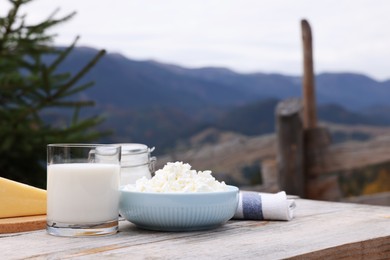 Tasty cottage cheese and other fresh dairy products on wooden table in mountains