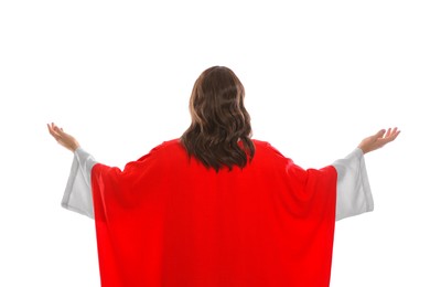 Jesus Christ with outstretched arms on white background, back view
