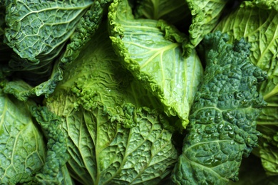 Photo of Fresh ripe savoy cabbage as background, closeup