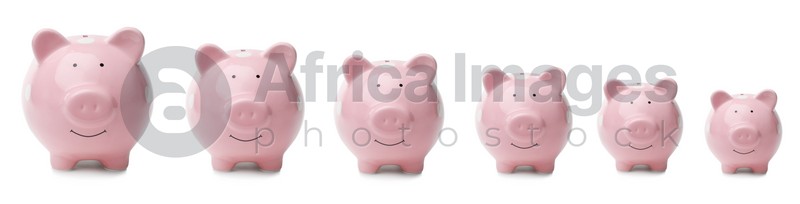 Set with piggy banks of different sizes on white background, banner design. Money saving