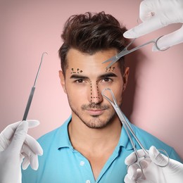 Image of Doctors with different instruments and young man on pink background, collage. Concept of plastic surgery 