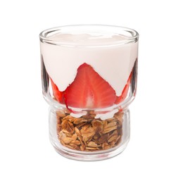 Glass of tasty yogurt with muesli and strawberries isolated on white