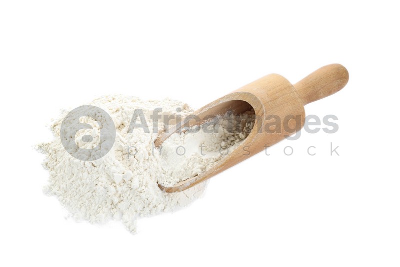 Organic flour and wooden scoop isolated on white, above view