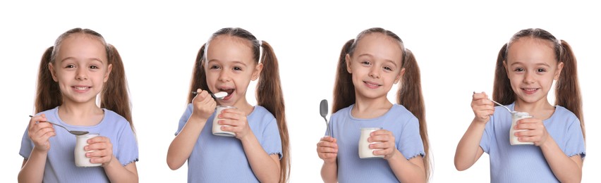 Collage with photos of cute little girl with tasty yogurt on white background. Banner design
