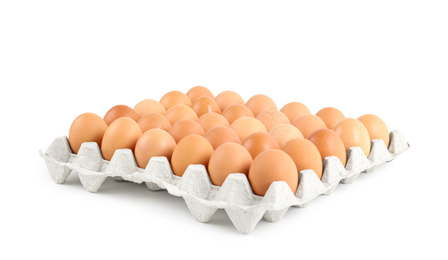 Photo of Raw chicken eggs in carton tray isolated on white