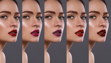 Collage with photos of young woman with different glossy lipsticks on grey background. Banner design