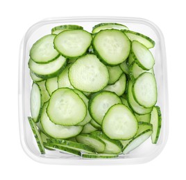 Fresh sliced cucumbers in plastic container isolated on white, top view
