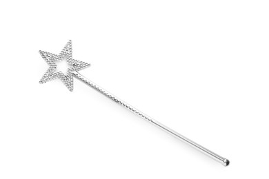 Beautiful silver magic wand isolated on white, top view