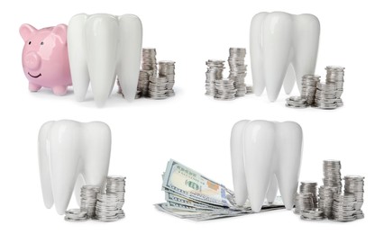 Set with ceramic models of teeth and money on white background. Expensive treatment