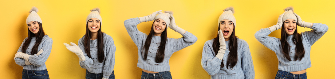 Collage with photos of young woman wearing warm clothes on yellow background, banner design. Winter vacation