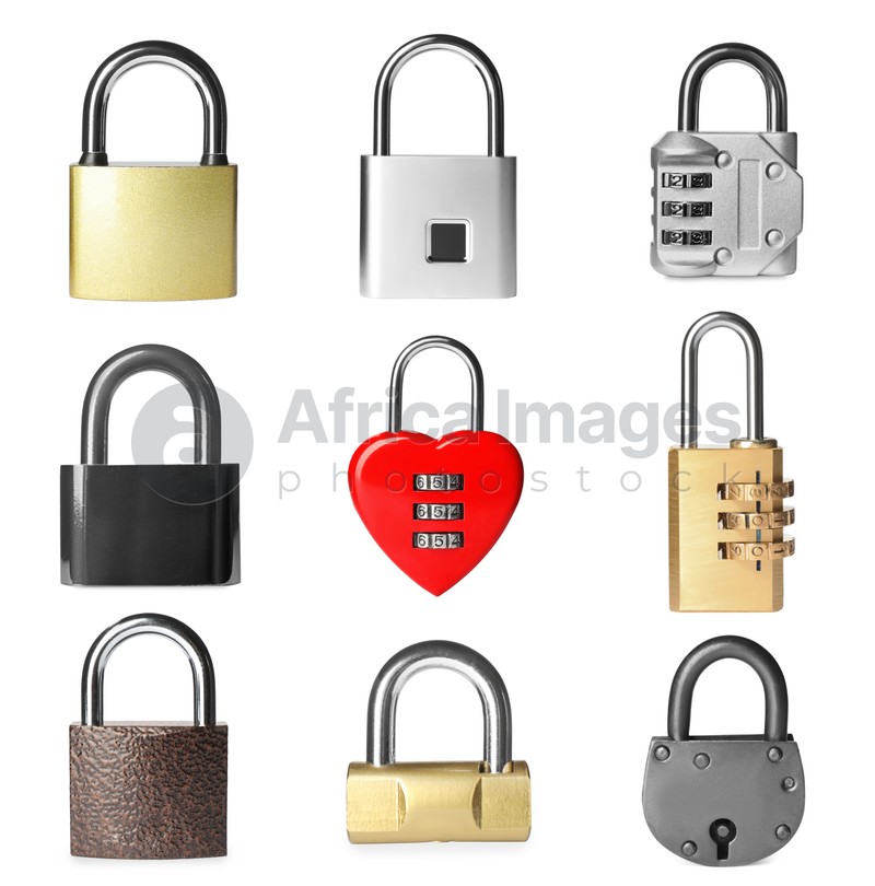 Set with different metal padlocks on white background