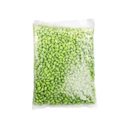Pack of fresh edamame soybeans on white background, top view