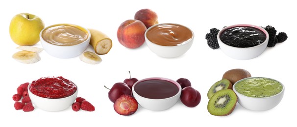 Set with different tasty fruit puree on white background. Banner design
