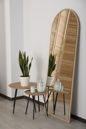 Leaning floor mirror near nesting tables with houseplant and decor in room