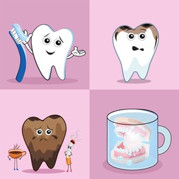 Illustration of Collage with healthy and unhealthy teeth on pink background, illustration. Dental care