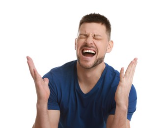 Angry man yelling on white background. Hate concept