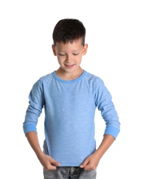 Little boy in long sleeve t-shirt on white background. Mock-up for design