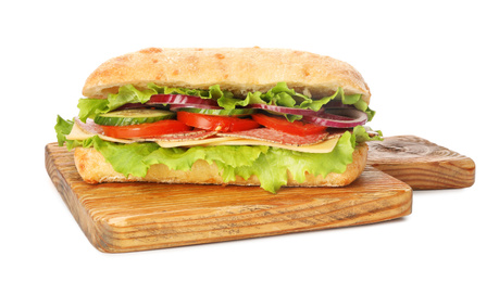 Photo of Delicious sandwich with fresh vegetables and salami isolated on white