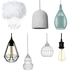 Set with stylish lamps hanging on white background