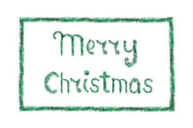 Phrase Merry Christmas made of shiny green tinsels on white background 