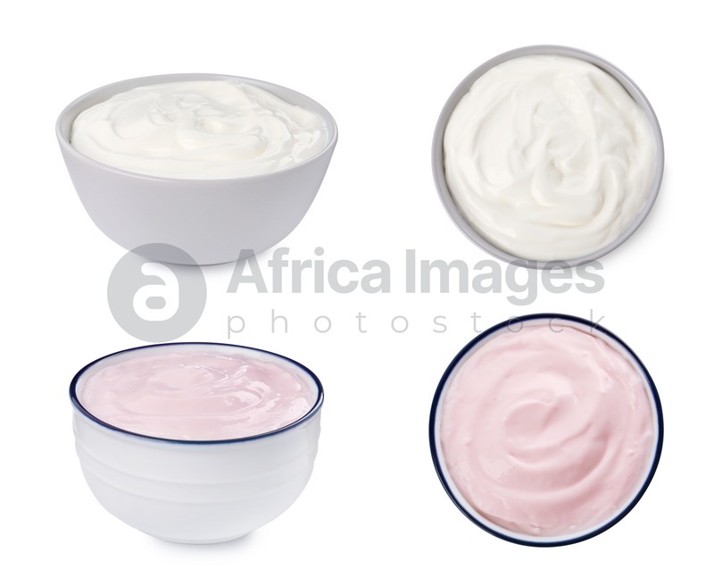 Set with delicious organic yogurts on white background