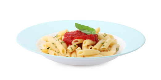 Tasty pasta with tomato sauce and basil isolated on white