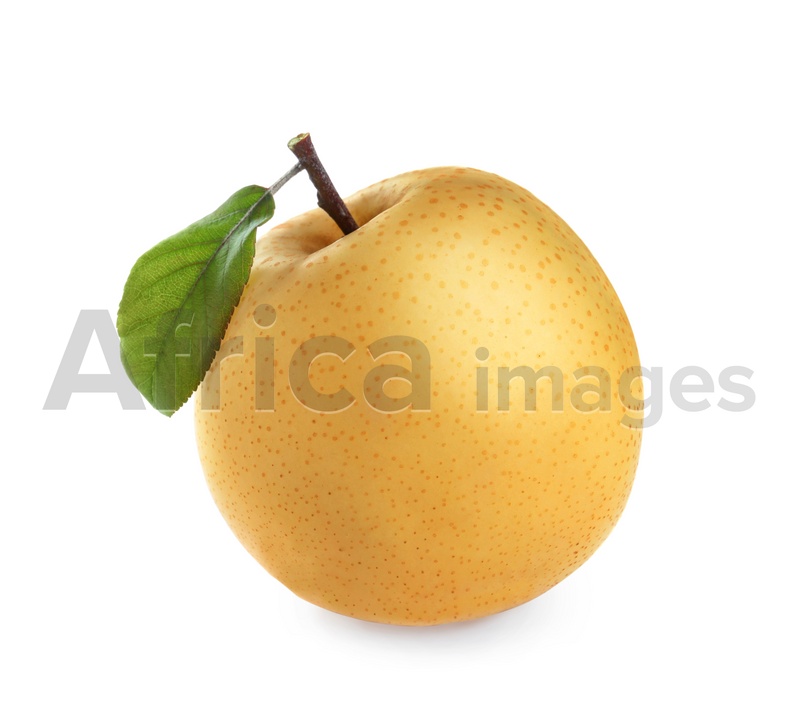 Photo of Fresh ripe apple pear with green leaf isolated on white