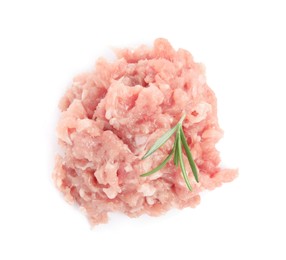 Pile of raw chicken minced meat with rosemary on white background, top view